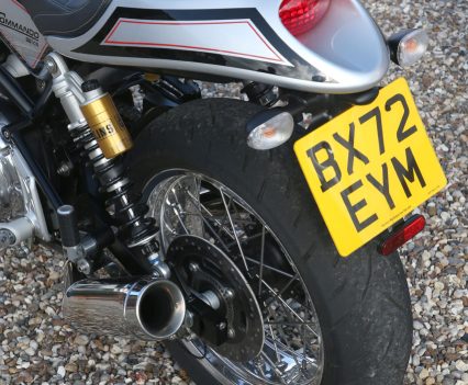 Öhlins twin shocks with remote reservoir – fully adjustable.