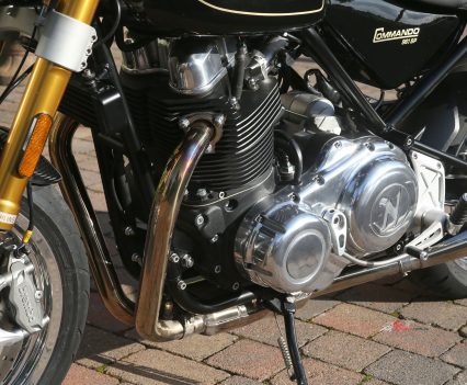 The 2023 Commando platform retains the previous chrome-moly tubular steel duplex cradle frame, still with a fabricated backbone doubling as the oil tank for the dry-sump OHV pushrod motor.