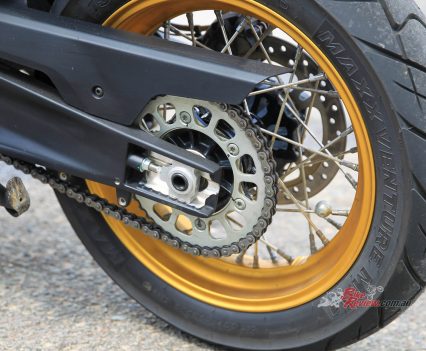 Stock gearing, which is what we need for the highway miles Nick will do. Rear Maxxis MA-ADV tyre.