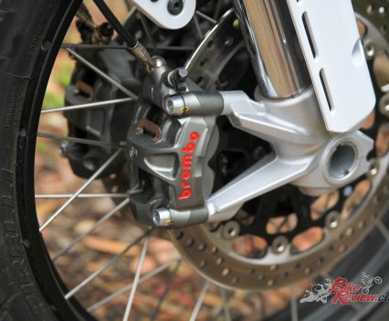 320mm Brembo rotors, Brembo four-piston monobloc calipers.