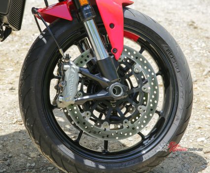 2 x 320mm semi-floating discs, radially mounted Brembo M4.32 monobloc four-piston calipers.