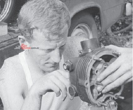 Ginger Molloy working on his Bultaco TSS cylinder. Back when you didn't need to show up to a race weekend with a team transporter.