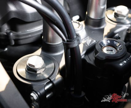 43mm preload adjustable Showa inverted forks, 200mm travel.