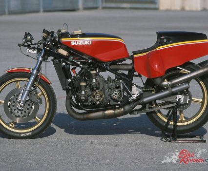 BikeReview-Suzuki-RG650-XR23B-Static- (27) The suspension and frame setup is somewhat primitive by the standards of a modern day MotoGP bike. But, back then it was extraordinary to have billet rear shocks!