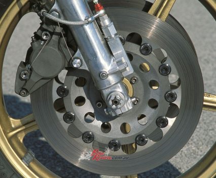 2 x 310mm Suzuki floating steel discs with two-piston Tokico calipers.