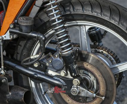 Tubular steel swingarm with 2 x Ceriani shocks.