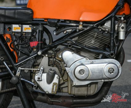 Air-cooled DOHC three-cylinder in-line four-stroke with 180° crankshaft, chain camshaft drive, and two valves per cylinder (40mm inlet/35.5mm exhaust).