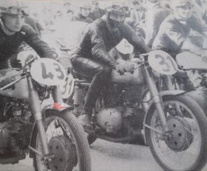 1962 Spoleto Italian Junior 175 championship. Roberto Gallina (43) with works MotoBi on startline next to teammate Gino Tondo (31).