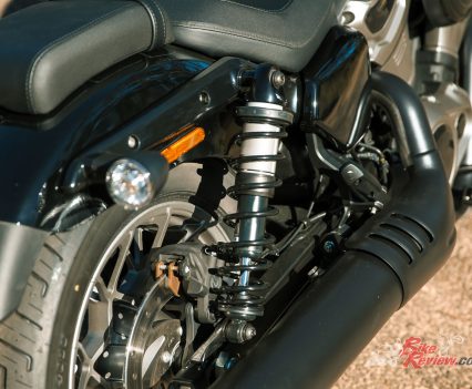 Dual outboard, direct-acting (no linkage) emulsion technology shock absorbers with coil springs and a threaded collar for pre-load adjustment.