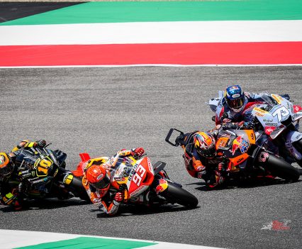 As ever, Marc Marquez was on the absolute limit of his Honda machine. But it wasn’t quite enough at Mugello as the Spaniard ran wide at the final turn and crashed out on the dirty part of the tarmac with 17 laps remaining.
