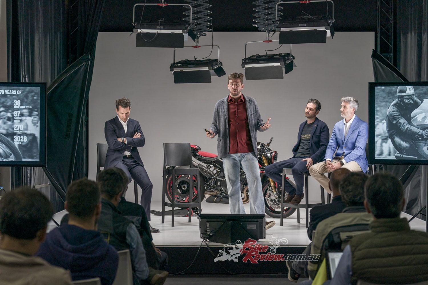 Florian Kecht (left), Timur Sardarov (speaking), Luca Martin (right) and Brian Gillen at the recent MV Agusta/KTM conference held recently at the MV Agusta Schiranna factory.
