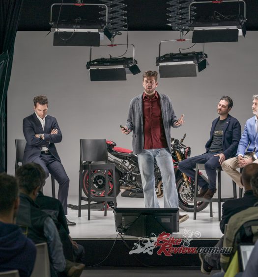 Florian Kecht (left), Timur Sardarov (speaking), Luca Martin (right) and Brian Gillen at the recent MV Agusta/KTM conference held recently at the MV Agusta Schiranna factory.