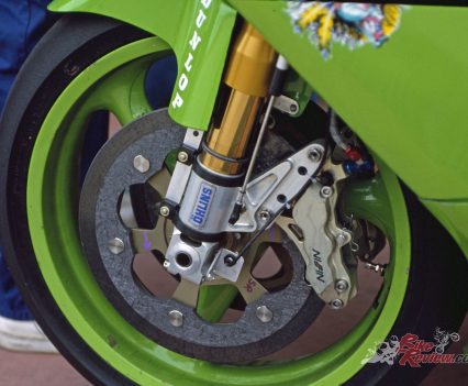 2 x 310mm Nissin carbon discs with six-piston Nissin calipers.