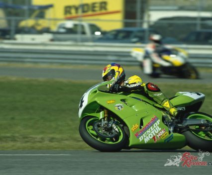 Russell winning the 1994 Daytona 200 onboard the Kawasaki ZXR750R Superbike.