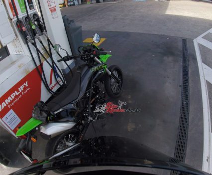 The KLX230SM averages around 3.5L/100km, very frugal on fuel.