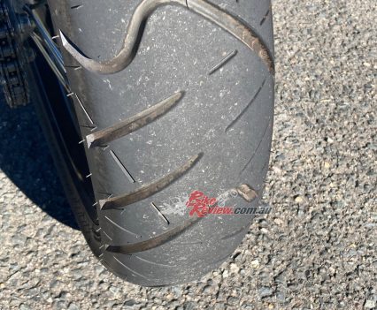 The tyres are IRC and surprisingly good, I had no issues with them but did not get a chance to ride in the rain so can't comment there.