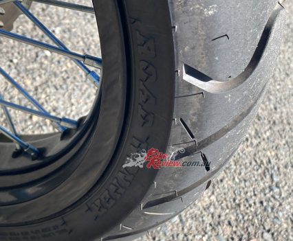 The tyres are IRC and surprisingly good, I had no issues with them but did not get a chance to ride in the rain so can't comment there.