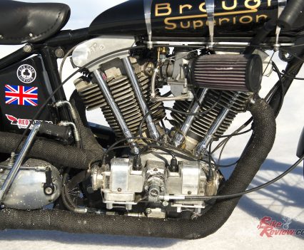 Air-cooled OHV dry-sump 50º V-twin four-stroke with pushrod operation of two valves per cylinder.