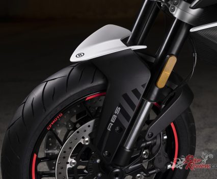 The 43mm inverted forks feature a split function design for compression and rebound damping and adjustable spring preload.