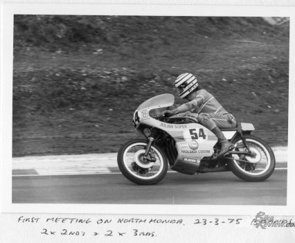 First meeting on the Rob North Honda, Brands Hatch 1975.
