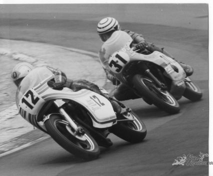 Hadleigh Honda chasing Dave Degans on a Dresda Honda at Brands Hatch 1975.
