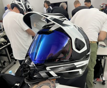 Zane opted for the adventure peak and the blue visor.