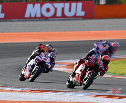 With three laps left, 0.3s was still the gap between Pecco and Zarco. But cue the jaws music – Di Giannantonio was on a mission.