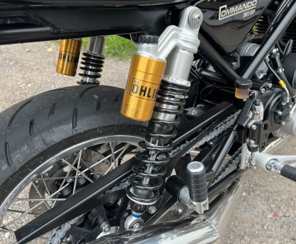 Öhlins twin shocks with remote reservoir – fully adjustable.