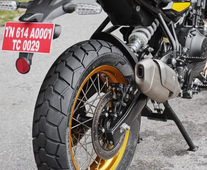 140 rear 17in tyre, Excel rims. Tubeless option coming soon.