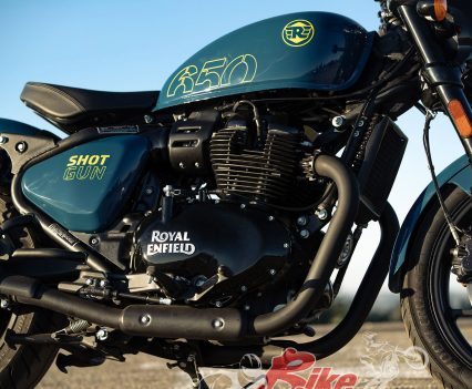 The 648cc parallel twin is blacked out for the Shotgun model.