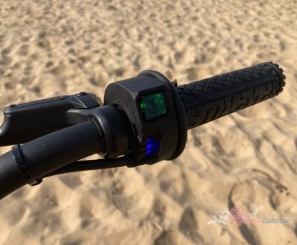 Power and mode buttons, battery charge indicator.